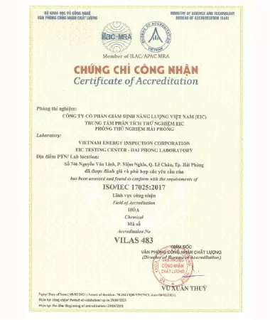 Chứng chỉ công nhận trung tâm phân tích thử nghiệm EIC phòng thử nghiệm Hải Phòng Vilas 483.